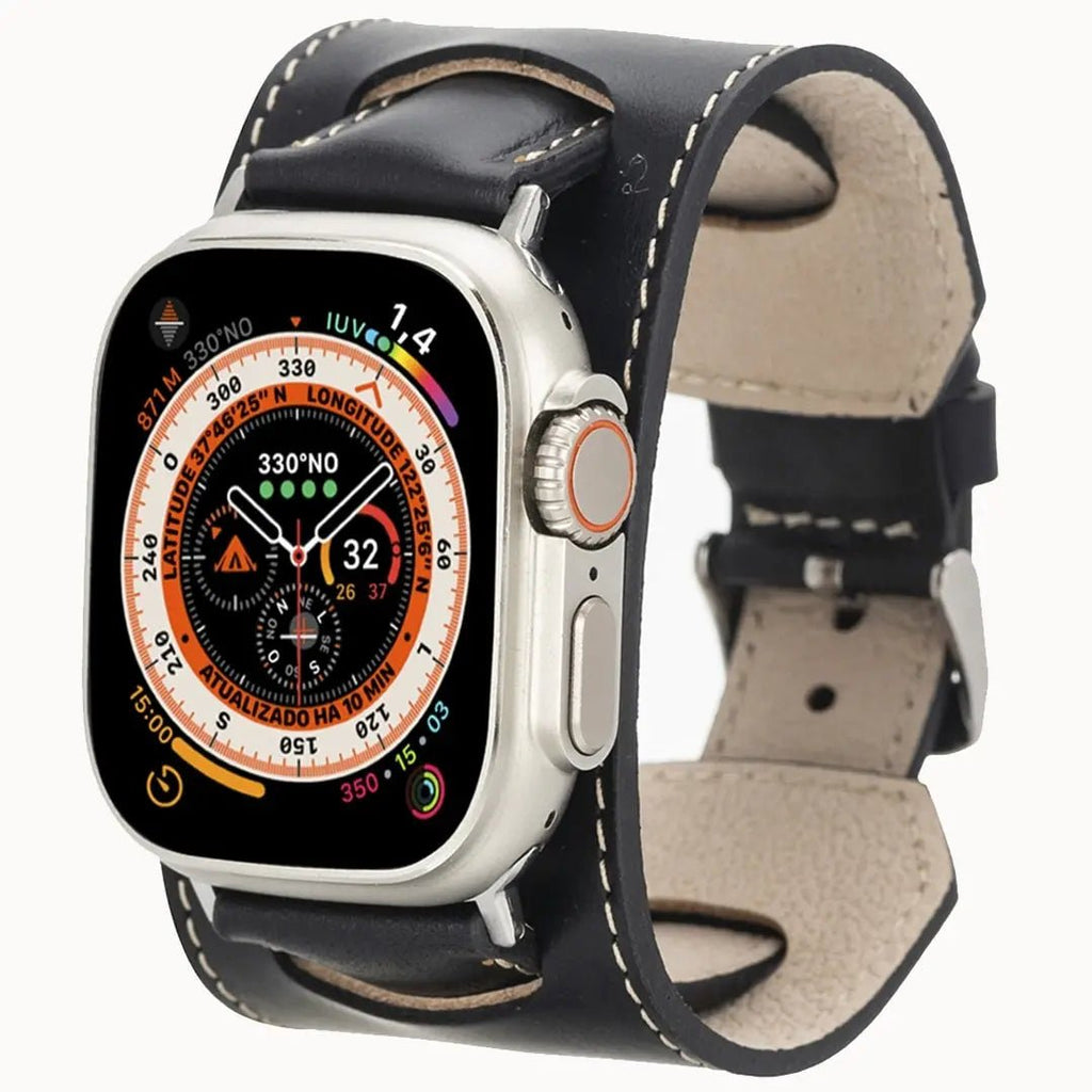 Black Apple Watch Leather Band for Watch Series 10 Strap, Man Size