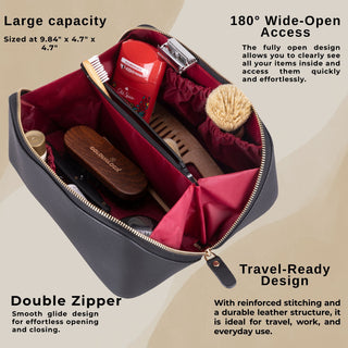 VENOULT Handmade Full-Grain Leather Makeup Bag – 180° Wide-Open Travel Make Up Bag