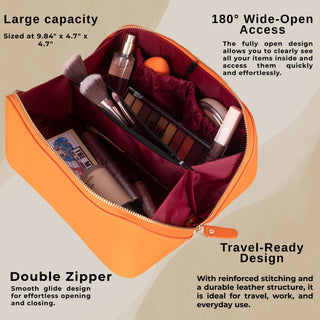 VENOULT Handmade Full-Grain Leather Makeup Bag – 180° Wide-Open Travel Make Up Bag