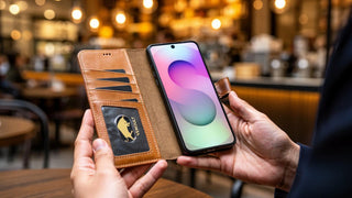 Person holding a smartphone in a leather case with a blurred cafe background