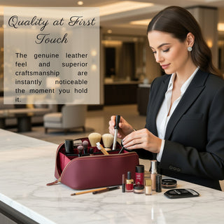 VENOULT Handmade Full-Grain Leather Makeup Bag – 180° Wide-Open Travel Make Up Bag