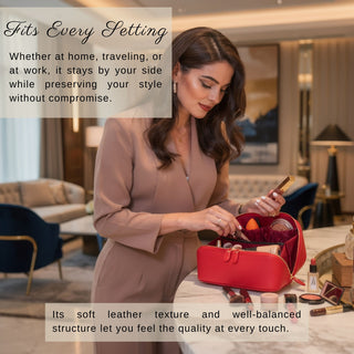 VENOULT Handmade Full-Grain Leather Makeup Bag – 180° Wide-Open Travel Make Up Bag