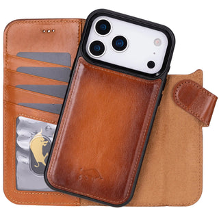 Detachable Wallet Case for iPhone 17 Pro, iPhone 17 Pro Max Business Style 4 Card Holder Folio Cover, Man or Women, Compatible with Magsafe, RFID, Full Grain Genuine Leather
