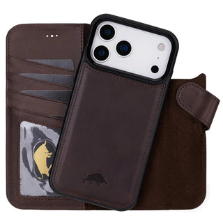 Detachable Wallet Case for iPhone 17 Pro, iPhone 17 Pro Max Business Style 4 Card Holder Folio Cover, Man or Women, Compatible with Magsafe, RFID, Full Grain Genuine Leather